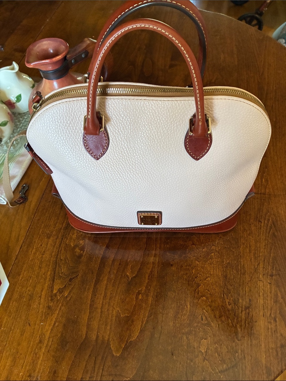 Dooney & Bourke Cream Pebbled Leather Satchel with Brown Trim